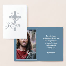 Tarjeta Con Relieve Metalizado Regocijaos. Jesús es Risen. Pascua religiosa