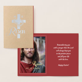 Tarjeta Con Relieve Metalizado Regocijaos. Jesús es Risen. Pascua religiosa