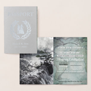 Tarjeta Con Relieve Metalizado Relieve metalizado de plata con pasaporte boda