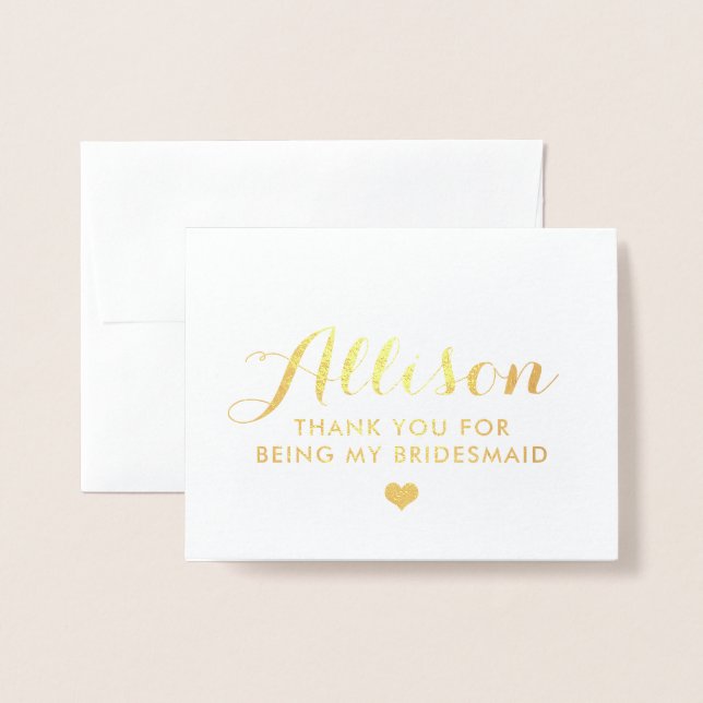 Tarjeta Con Relieve Metalizado Relieve metalizado dorado Bridesmaid Gracias | Tar (Anverso con sobre)