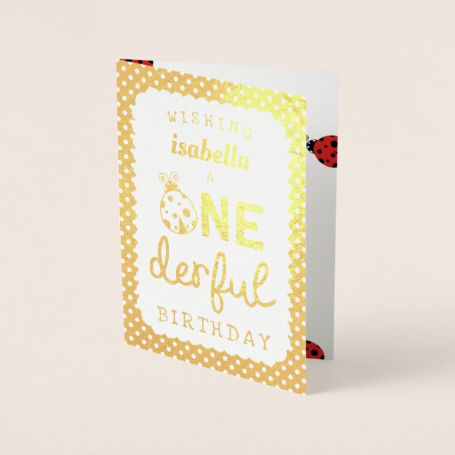Tarjeta Con Relieve Metalizado Relieve metalizado dorado Ladybug Un cumpleaños ma (Anverso)