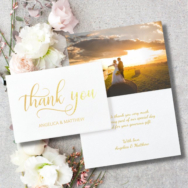 Tarjeta Con Relieve Metalizado RELIEVE METALIZADO DORADO REAL GRACIAS BODA | con  (REAL Gold Foil THANK YOU Wedding | with Photo Foil Card)
