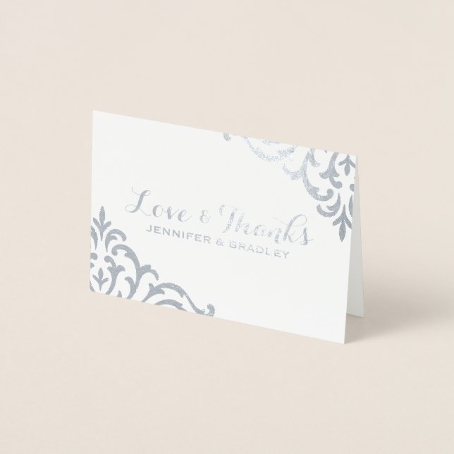 Tarjeta Con Relieve Metalizado Relieve metalizado plateado Damask Elegant Wedding (Anverso)