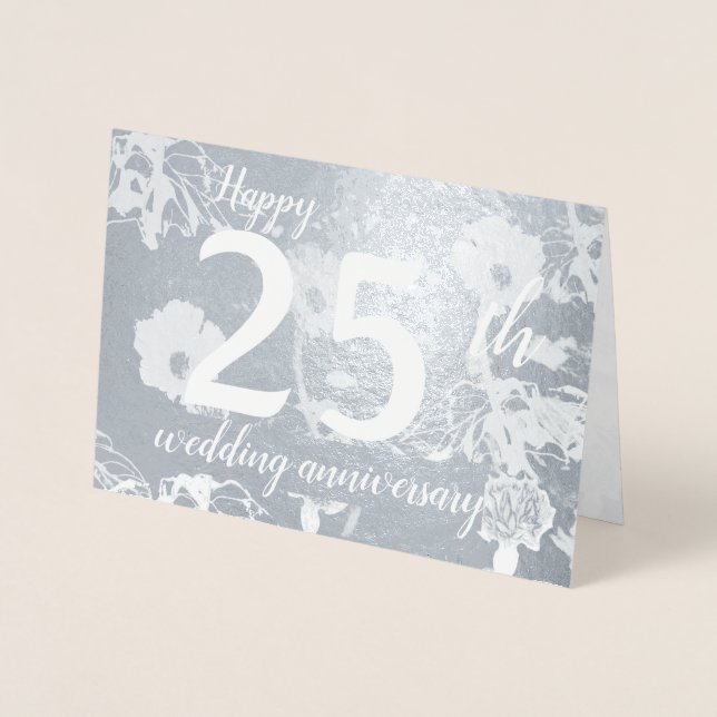 Tarjeta Con Relieve Metalizado Relieve metalizado plateado Floral 25 aniversario  (Anverso)