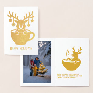 Tarjeta Con Relieve Metalizado Reno gracioso en un Navidad de la Copa