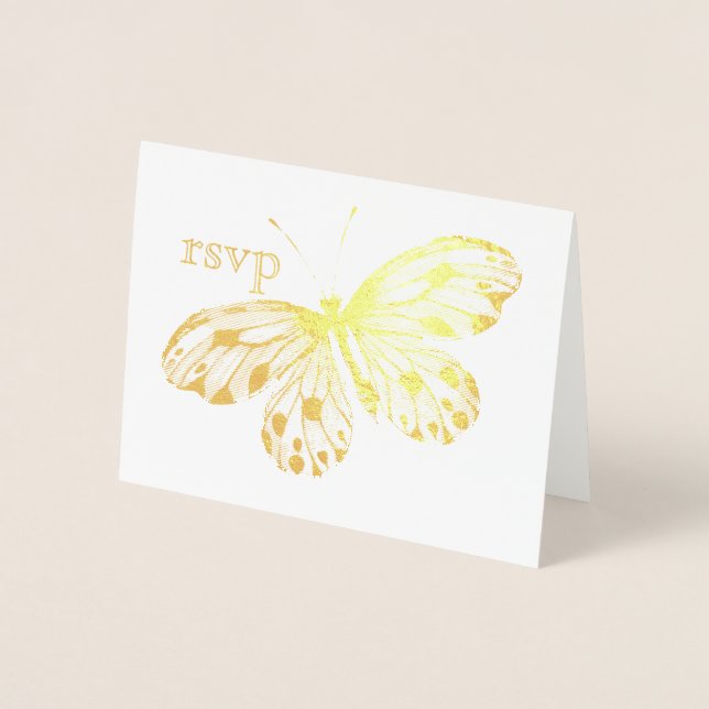 Tarjeta Con Relieve Metalizado RSVP de mariposa dorada (Anverso)