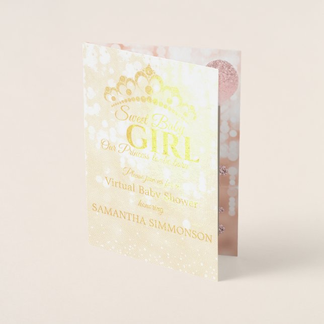 Tarjeta Con Relieve Metalizado Rubor Diamond Rosa Gold Script Baby Shower (Anverso)