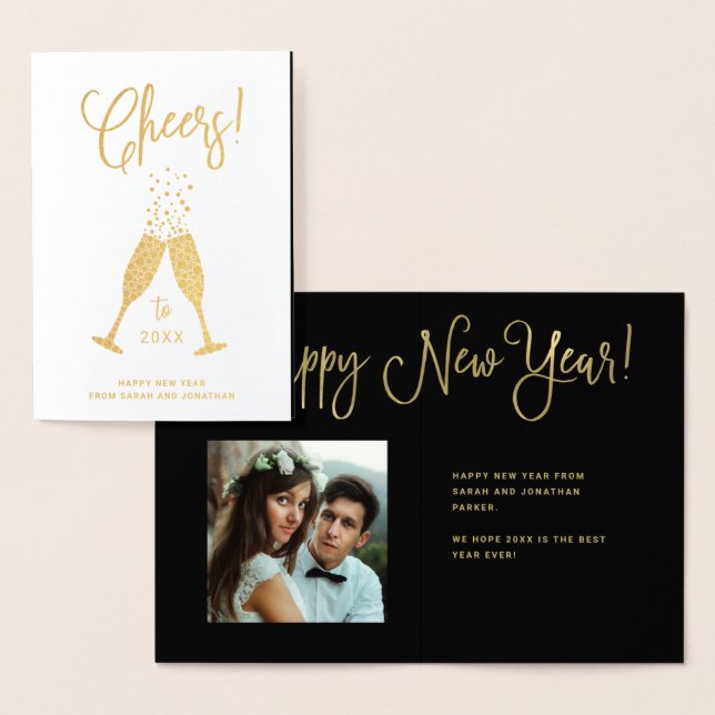 Tarjeta Con Relieve Metalizado Saludos con gafas de champagne y foto | Dorado (Demostración)