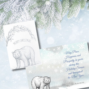 Tarjeta Con Relieve Metalizado Saludos de navidades con oso y copos de nieve
