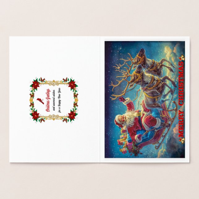 Tarjeta Con Relieve Metalizado Santa Claus y sus renos (Interior)
