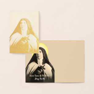 TARJETA CON RELIEVE METALIZADO SANTA TERESA DE LOS ANDES