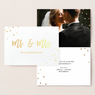 Tarjeta Con Relieve Metalizado Script manuscrito   Sr. y Sra. con Boda Foto