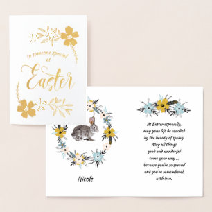 Tarjeta Con Relieve Metalizado Semana Santa. Conejo de Pascua