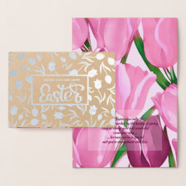 Tarjeta Con Relieve Metalizado Semana Santa. Pintura de tulipanes de primavera
