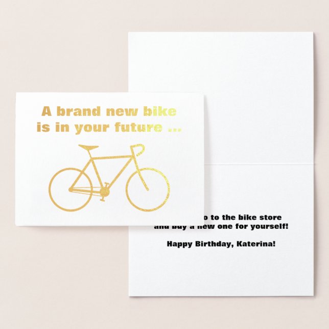 Tarjeta Con Relieve Metalizado Silly "Una nueva bicicleta está en tu futuro..." (Demostración)