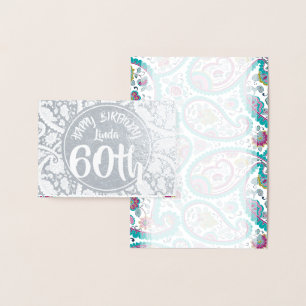 Tarjeta Con Relieve Metalizado Silver Damask Paisley 60 cumpleaños personalizado 