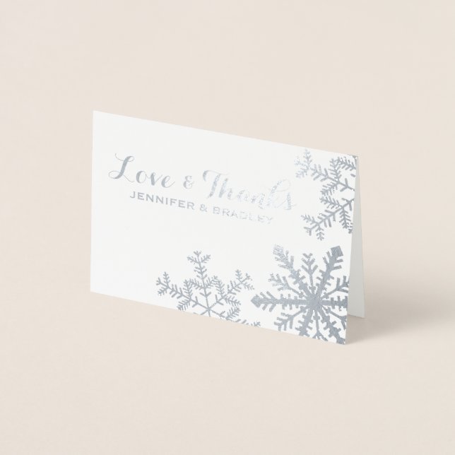 Tarjeta Con Relieve Metalizado Silver Kraft Snowflakes Winter Wedding Gracias (Anverso)