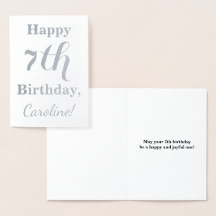 Tarjeta Con Relieve Metalizado Simple Cumpleaños 7 de Hoja de Plata + Nombre Pers