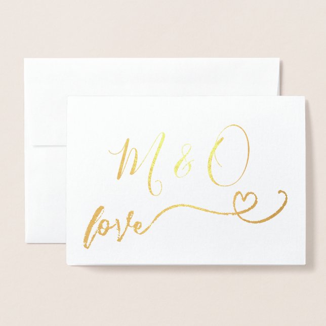 Tarjeta Con Relieve Metalizado Simple Gold Heart Monograma Love (Anverso con sobre)