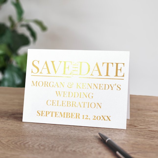 Tarjeta Con Relieve Metalizado Simple Guardar La Tarjeta De Relieve metalizado De (A gold foil Save the Date folded card with space for your wedding details. Congratulations!)