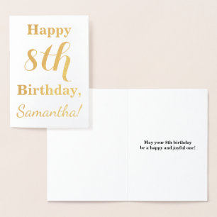 Tarjeta Con Relieve Metalizado Simple oro lámina 8 cumpleaños + nombre personaliz