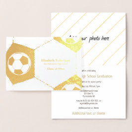 Tarjeta Con Relieve Metalizado Soccer athlete graduation party gold