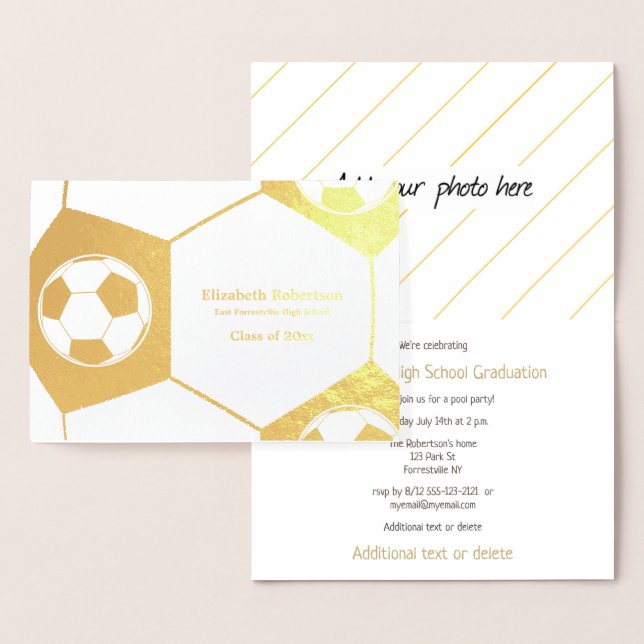 Tarjeta Con Relieve Metalizado Soccer athlete graduation party gold (Demostración)