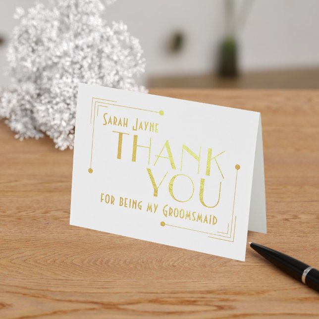 Tarjeta Con Relieve Metalizado Tarjeta de agradecimiento al Relieve metalizado de (Thank your Groomsmaid or any member of your 1920s themed Gatsby Wedding with this real foil card)