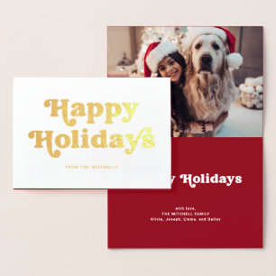 Tarjeta Con Relieve Metalizado Tipografía divertida   Red Inside Happy Holidays P