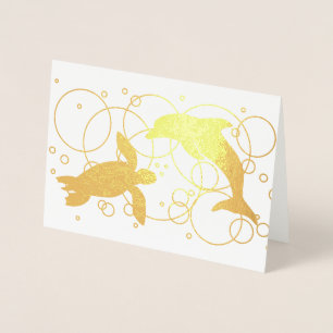 Tarjeta Con Relieve Metalizado Tortuga marina y delfín