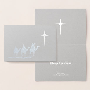 Tarjeta Con Relieve Metalizado Tres Reyes Magos con Estrella de Navidad Plata