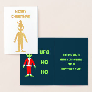 Tarjeta Con Relieve Metalizado UFO Ho Padre Personalizado alienígena de Navidad