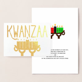 Tarjeta Con Relieve Metalizado Velas de Kwanzaa Kinara y mensaje de las primeras 
