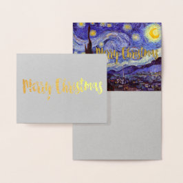 Tarjeta Con Relieve Metalizado Vincent Van Gogh Starry Night Feliz Navidad Gold