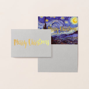 Tarjeta Con Relieve Metalizado Vincent Van Gogh Starry Night Feliz Navidad Gold