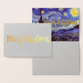 Tarjeta Con Relieve Metalizado Vincent Van Gogh Starry Night Feliz Navidad Gold