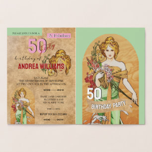 Tarjeta Con Relieve Metalizado Vintage 50th Birthday Party, Gold Spring Goddess