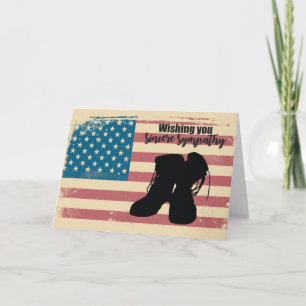 Tarjeta Condolencia militar con las botas sobre bandera