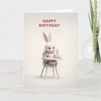 Tarjeta Coneja bebé niña en silla alta con pastel del 1er 