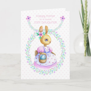 Tarjeta Coneja de Pascua hijastra con cesta de huevo de co