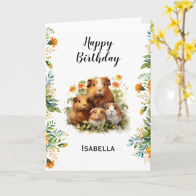 Tarjeta Conejillos de Indias Flores de Marigold Cumpleaños (flor amarilla)