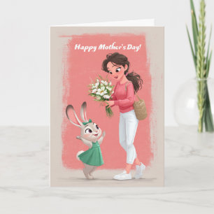 Tarjeta Conejita Linda Dando Flores del Día de la Madre a