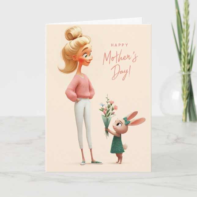 Tarjeta Conejito Adorable Dando Flores del Día de la Madre (Anverso)