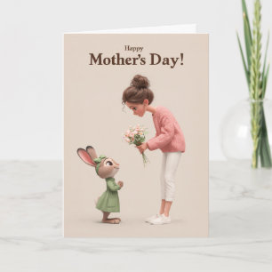 Tarjeta Conejito Adorable Dando Flores del Día de la Madre