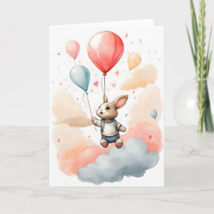 Tarjeta Conejito adorable de acuarela con globo rojo grand