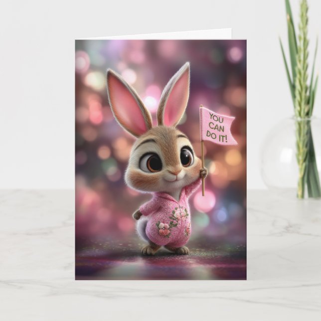 Tarjeta Conejito bebé adorable con capucha rosa de ánimo (Anverso)