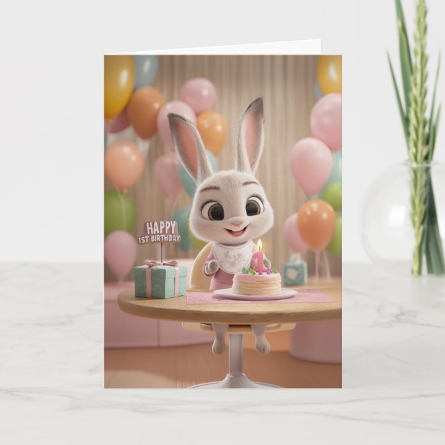 Tarjeta Conejito bebé adorable con pastel y globos cumplea (Anverso)