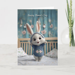 Tarjeta Conejito bebé lindo en mameluco azul Feliz día de 