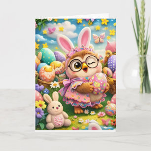 Tarjeta Conejito búho de pastel adorable cumpleaños feliz 