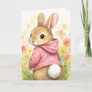 Tarjeta Conejito de cumpleaños con capucha rosa